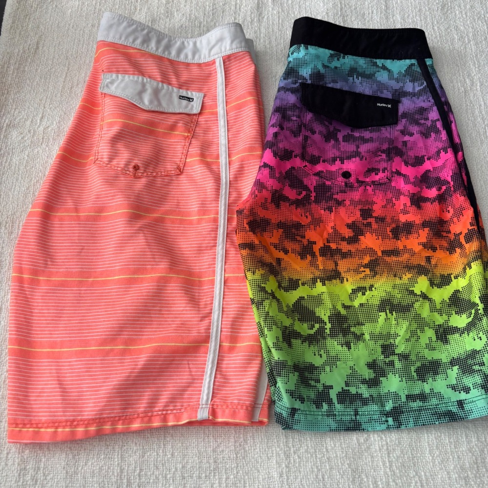 Hurley Kids Board Shorts Bundle Rainbow Camo & Coral Striped Size 16 28 Lot of 2